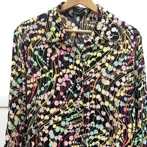 Vtg Funky Blouse Black Hippie Abstract Polka Dot Womens M Colorful Button Up 80s